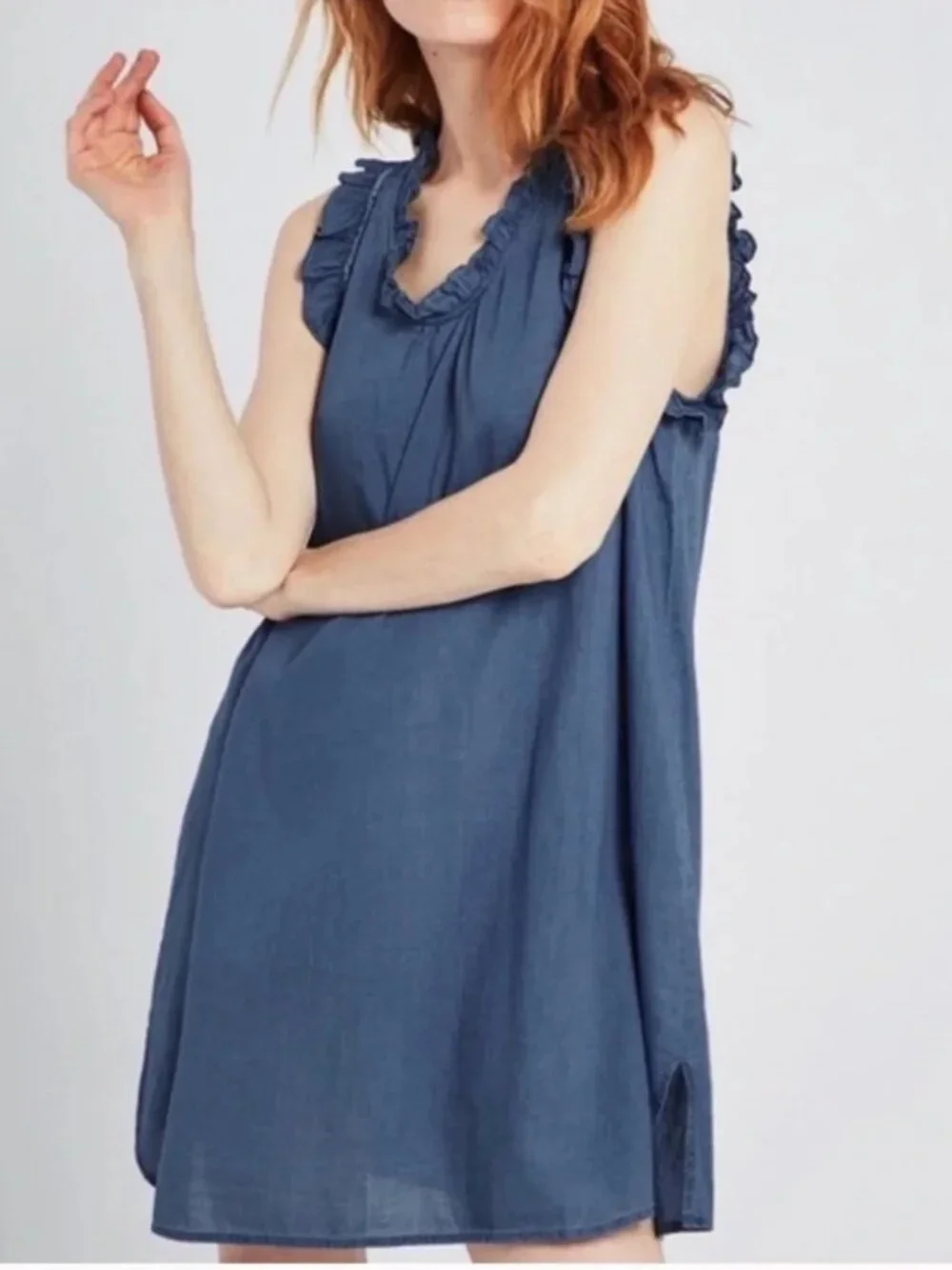 AG New DRESS Cotton Ruffled Shift Lightweight Chambray Blue DIXIE Women's M